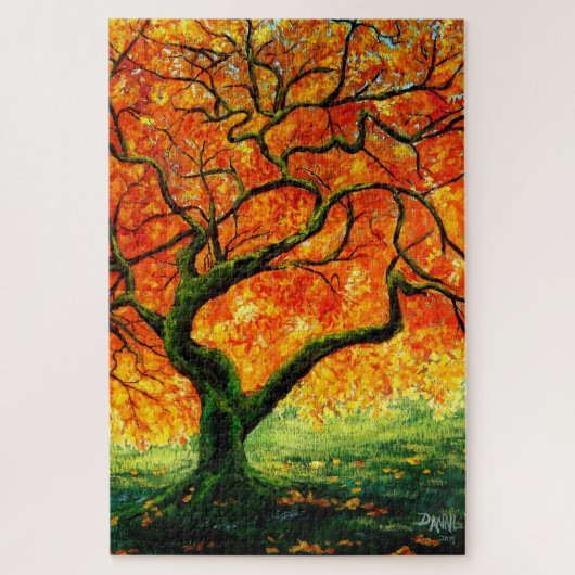 Warm Amber/herfst versbladeren verdraaide boom/mos Legpuzzel (Verticaal)