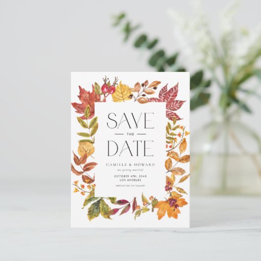 Warm Autumn Leaves Lijst QR-code Bewaar de datum Aankondigingskaart (Staand voorkant)