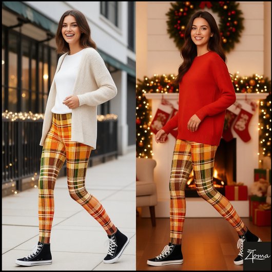 Warm Autumnal Gradient Yellow Green Plaid Leggings