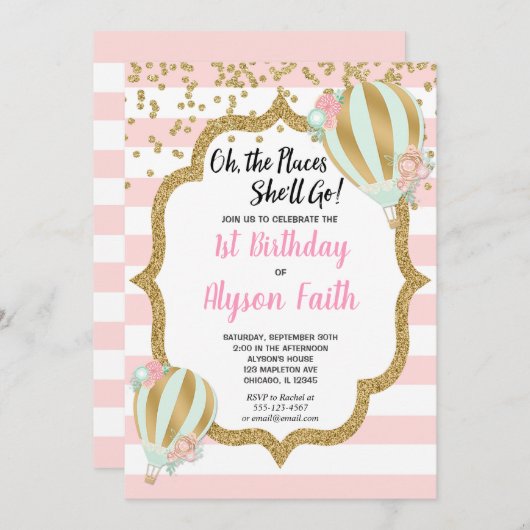 Warm ballon verjaardagsuitnodigingen, roze goud kaart (Voorkant / Achterkant)