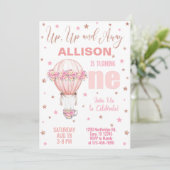 Warm ballonmeisje 1 eerste verjaardag uitnodiging. kaart (Staand voorkant)