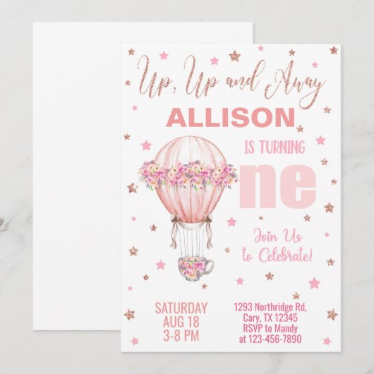 Warm ballonmeisje 1 eerste verjaardag uitnodiging. kaart (Voorkant / Achterkant)