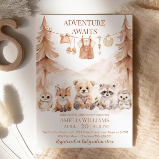 Warm Beige Adventure Awaits Woodland Baby Shower Kaart
