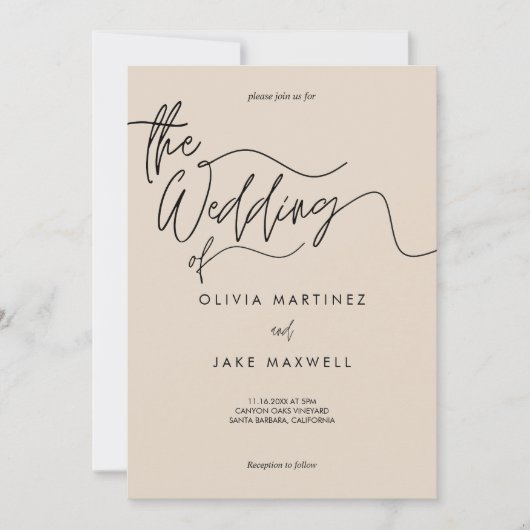 Warm Beige & Zwart Elegant Script Wedding Kaart (Voorkant)