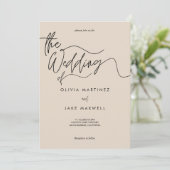 Warm Beige & Zwart Elegant Script Wedding Kaart (Staand voorkant)