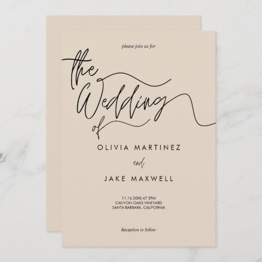 Warm Beige & Zwart Elegant Script Wedding Kaart (Voorkant / Achterkant)