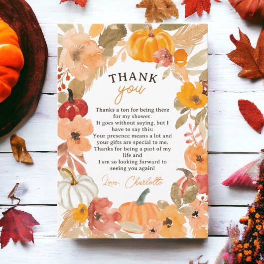 Warm Boho Kleine pompoen herfst baby shower Bedankkaart