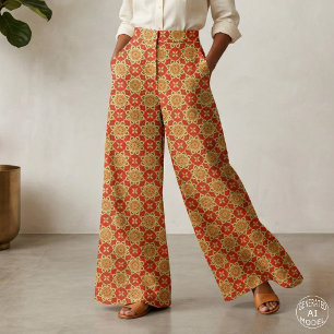 Warm Boho Rood Oranje Geel Geometrisch Bloemmotief Stof
