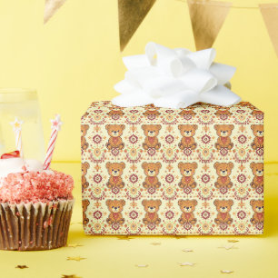 Warm Boho Teddibeer en Herfst Bloemrijke Naadloze Cadeaupapier