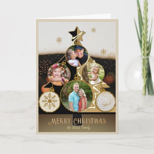 Warm Bokeh Black & Gold 4-Photo Christmas Tree  Feestdagen Kaart (Voorkant)