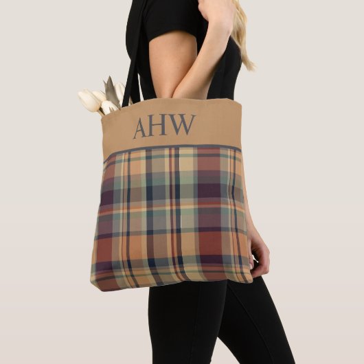 Warm bruin en crème Plaid Monogram Tote Bag (Dichtbij)