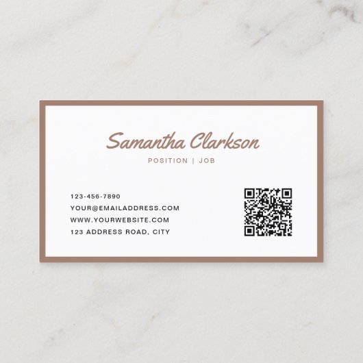 Warm Bruin Grens Handschrift Script QR code Visitekaartje (Achterkant)