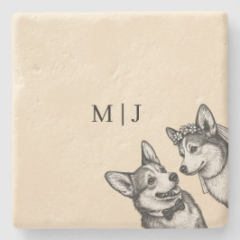 Warm Champagne - Vintage Whimsical Corgi Bruiloft Stenen Onderzetter