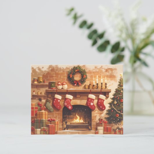 Warm Christmas Fireplace Scene Briefkaart (Staand voorkant)