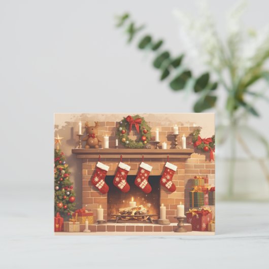 Warm Christmas Fireplace Scene Briefkaart (Staand voorkant)