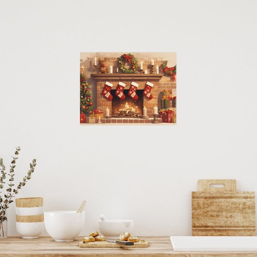 Warm Christmas Fireplace Scene Poster (Keuken)
