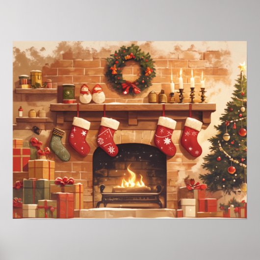Warm Christmas Fireplace Scene Poster (Voorkant)