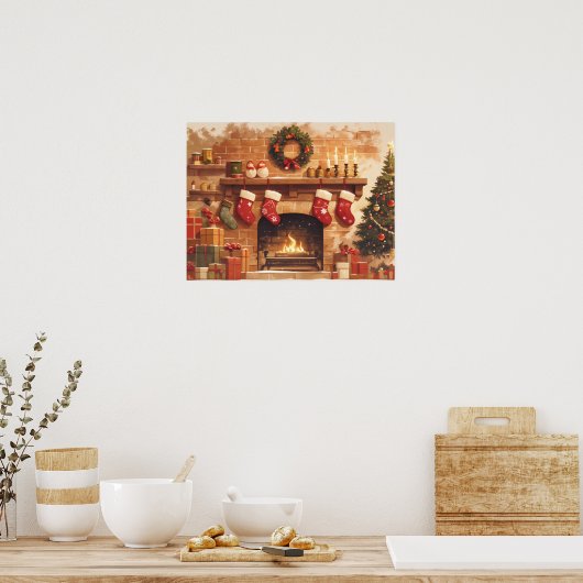 Warm Christmas Fireplace Scene Poster (Keuken)