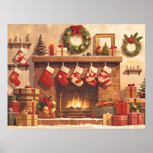 Warm Christmas Fireplace Scene Poster (Voorkant)
