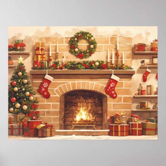 Warm Christmas Fireplace Scene Poster (Voorkant)