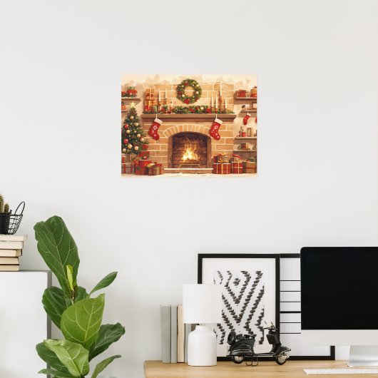 Warm Christmas Fireplace Scene Poster (Thuiskantoor)