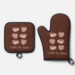 Warm cirkelpatroon op kopjes koffie ovenwant & pannenlap set