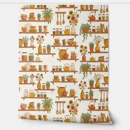 Warm Cottage Pantry Shelves Watercolor Pattern Behang