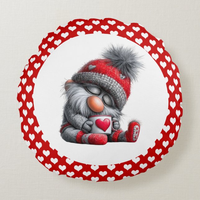 "Warm & Cozy" Slaperige Gnome | Winter Cacao  Rond Kussen (Voorkant)