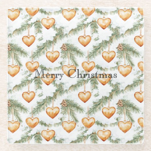 Warm Creamy Caramel Hearts Christmas Tree Branches Glazen Onderzetter (Voorkant)