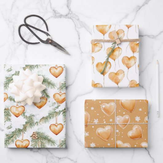 Warm Creamy Caramel Hearts Christmas Tree Branches Inpakpapier Vel (Voorkant)