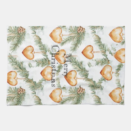 Warm Creamy Caramel Hearts Christmas Tree Branches Theedoek (Horizontaal)