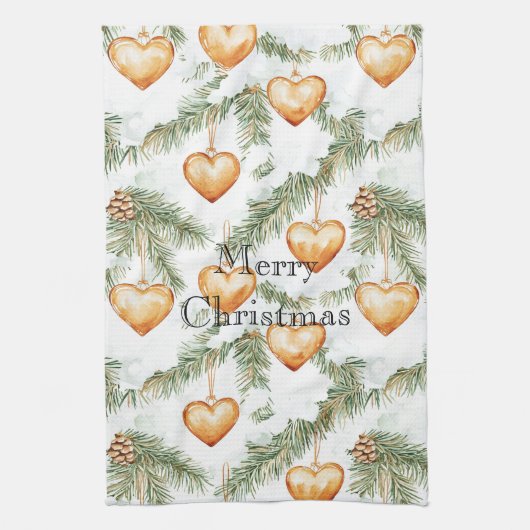 Warm Creamy Caramel Hearts Christmas Tree Branches Theedoek (Verticaal)