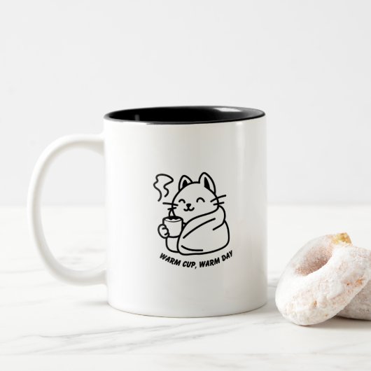 Warm Cup, Warm Day – Cute Cozy Cat Mug Tweekleurige Koffiemok (Met donut)