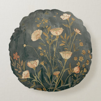 Warm Donkergrijs Perzik Salie Vintage Wilde Bloem Rond Kussen