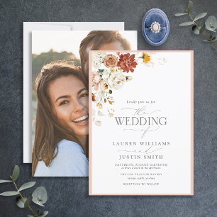 Warm Earthy Floral Calligraphy Photo Wedding Kaart