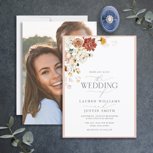 Warm Earthy Floral Calligraphy Photo Wedding Kaart