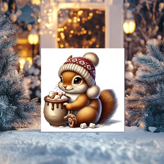 Warm eekhoorn met warme chocolademelk en winterhoe feestdagenkaart