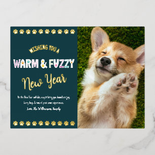 Warm en Fuzzige huisdier Nieuwjaarsfoto Teal Echt Folie Feestdagen Briefkaart