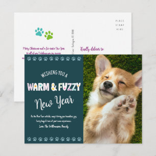 Warm en Fuzzy huisdier nieuwjaars typografie teal Feestdagenkaart