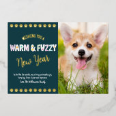Warm en Fuzzy Pet Nieuwjaar Foto Blauwgroen Echt G Folie Feestdagenkaart (Voorkant)