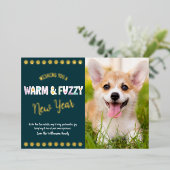 Warm en Fuzzy Pet Nieuwjaar Foto Blauwgroen Echt G Folie Feestdagenkaart (Staand Voorkant)