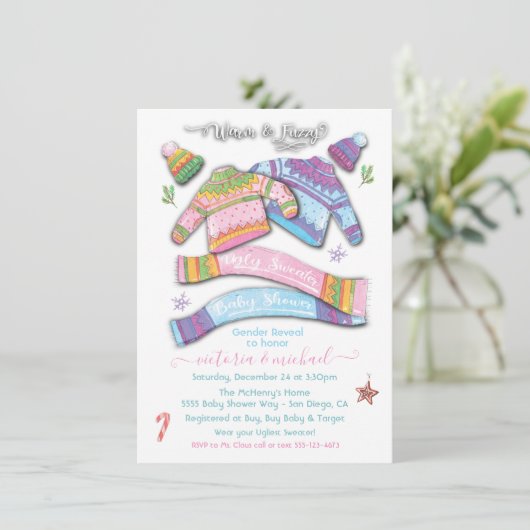 Warm en Fuzzy Ugly Sweater Baby shower Invitation Kaart (Staand voorkant)