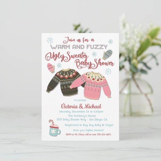 Warm en Fuzzy Ugly Sweater Baby shower Invitation Kaart (Staand voorkant)