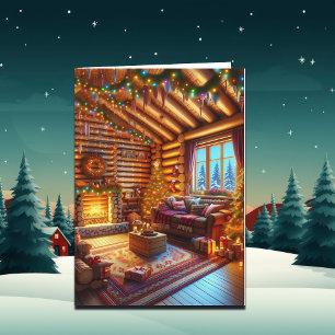Warm en gezellig blokhut en open haard met Kerstmi Kaart