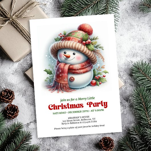 Warm funny snowman invitation printable red green kaart