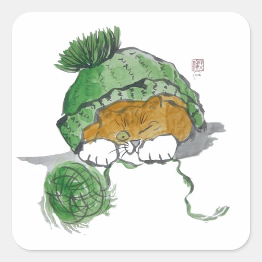 Warm gebreid Pet en een kitten Vierkante Sticker (Voorkant)