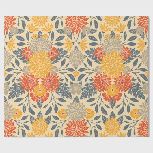 Warm Geel, Oranje en blauw Floral Cadeaupapier (Vlak)