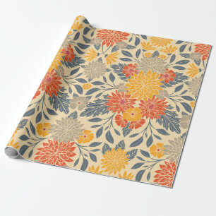Warm Geel, Oranje en blauw Floral Cadeaupapier