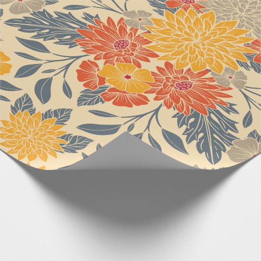 Warm Geel, Oranje en blauw Floral Cadeaupapier (Hoek)