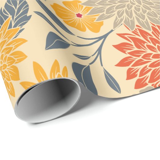 Warm Geel, Oranje en blauw Floral Cadeaupapier (Rol Hoek)
